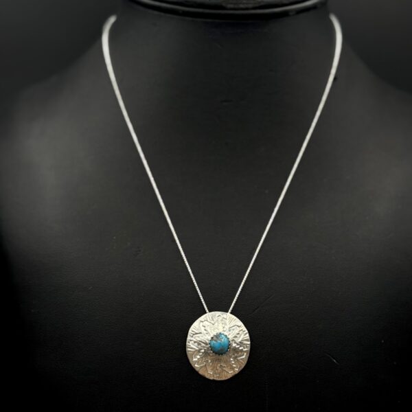 Sterling Silver Convex Basket Design Pendant with Turquoise by Tom Yazzie TYP-611