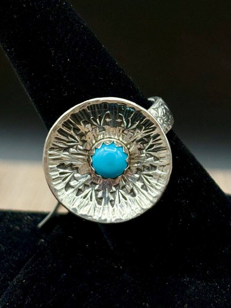 Sterling and Turquoise Basket Design Ring by Tom Yazzie TYR752