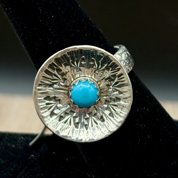 Sterling and Turquoise Basket Design Ring by Tom Yazzie TYR752
