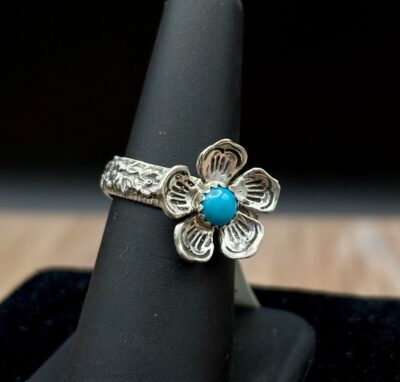 Sterling Flower Ring with Turquoise by Tom Yazzie TYR840