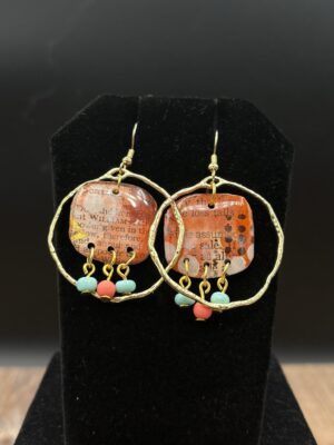 Orange Book Page in Goldtone Circle Earrings by Sharon Gilham SCS302E