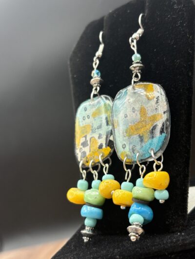Yellow and Blue with Dangling Bead Earrings by Sharon Gilham SCS303E