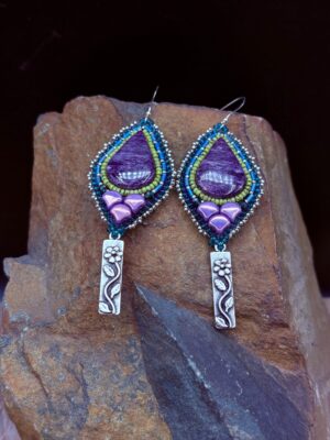 Jugilite w/ Flower Oliver Dangles, Earrings E55 by Sue Horine