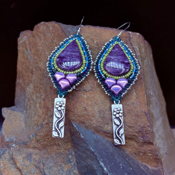 Jugilite w/ Flower Oliver Dangles, Earrings E55 by Sue Horine