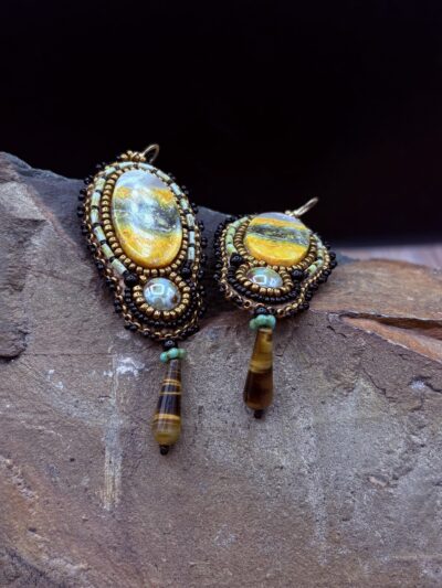 Bumblebee Jasper w/ Tiger Eye Teardrops, Earrings E56 by Sue Horine