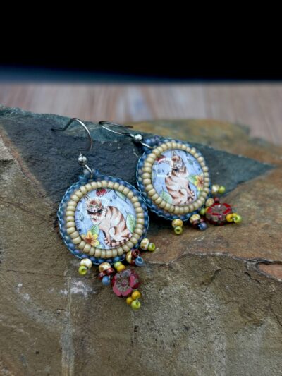 Original Cat Watercolor Print w/ Glass Flowers, Steel Earrings E58 by Sue Horine