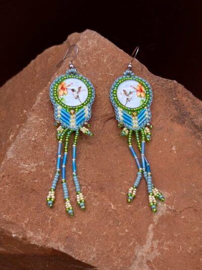 Original Humming Bird Watercolor Print w/ Bugle Beads ,Steel Earrings E60 by Sue Horine