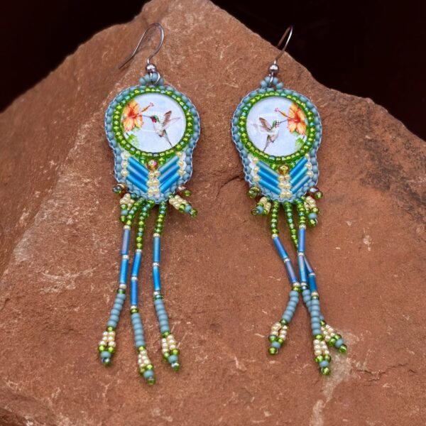 Original Humming Bird Watercolor Print w/ Bugle Beads ,Steel Earrings E60 by Sue Horine