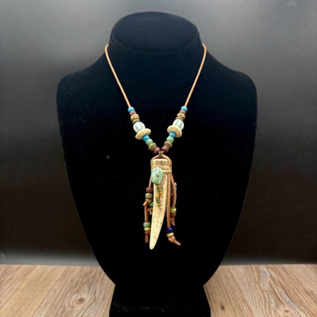 Antler with Turquoise on Leather Cord Necklace by Sue Horine N34