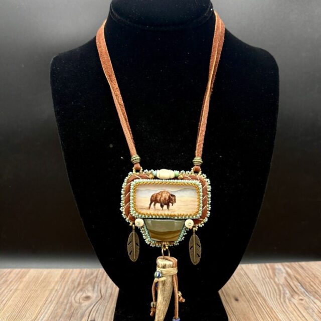 Watercolor Bison Print with Jasper Deer Antler and Skin Lacing Necklace by Sue Horine N35