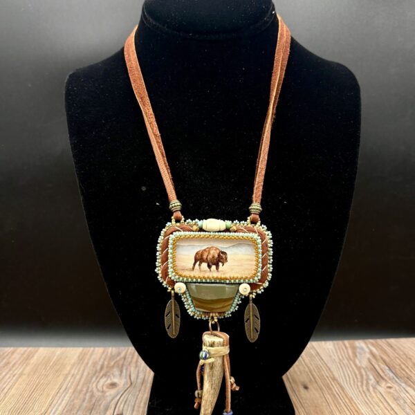 Watercolor Bison Print with Jasper Deer Antler and Skin Lacing Necklace by Sue Horine N35