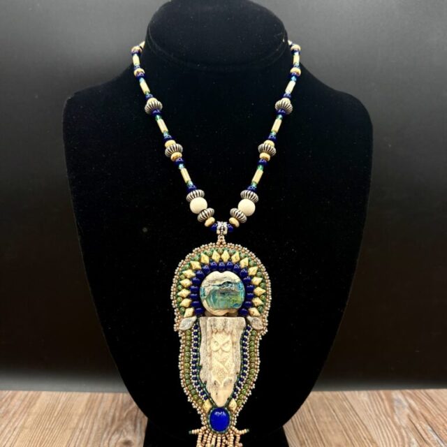 Carved Antler Owl with Lampwork Blue Agate on Beaded Necklace by Sue Horine N36