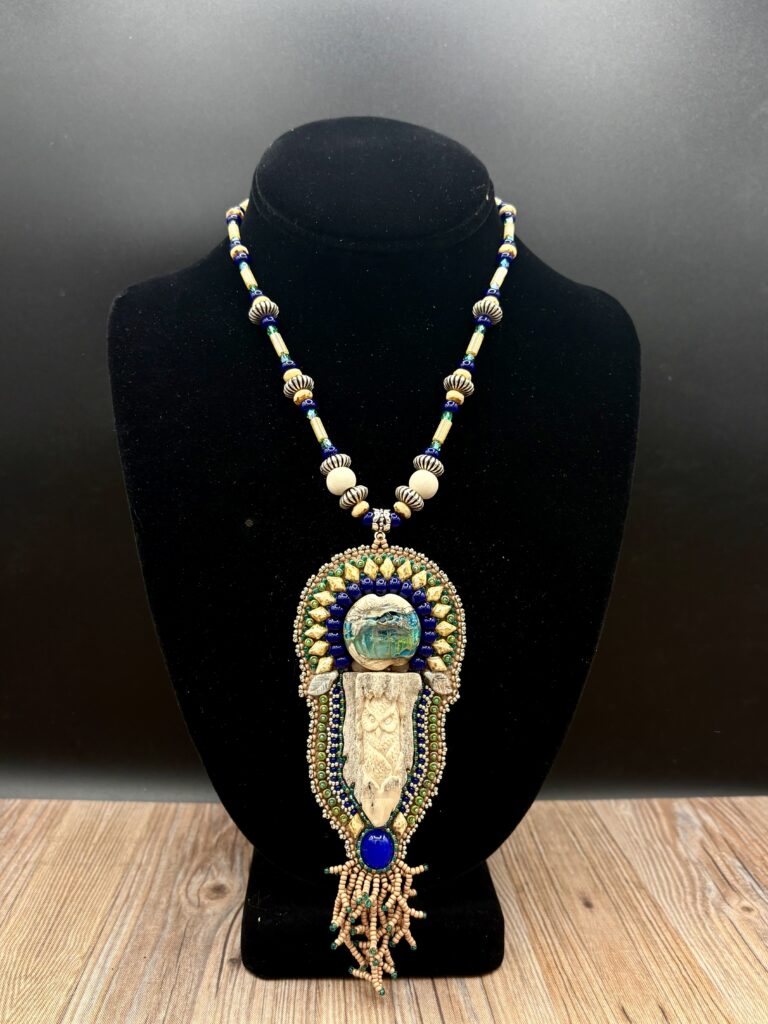Carved Antler Owl with Lampwork Blue Agate on Beaded Necklace by Sue Horine N36