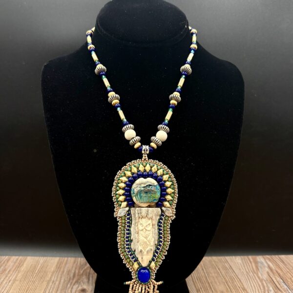 Carved Antler Owl with Lampwork Blue Agate on Beaded Necklace by Sue Horine N36