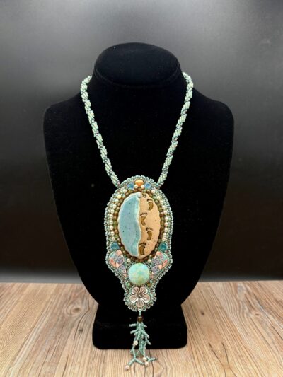 Ceramic Footprint on Beach Fabric & Polymer Clay Accents Nickel Flower by Sue Horine N38