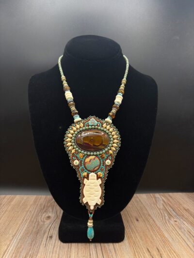 Tiger Iron with Carved Bone Turtle Fabric Turquoise plus Bone beaded Necklace by Sue Horine N39