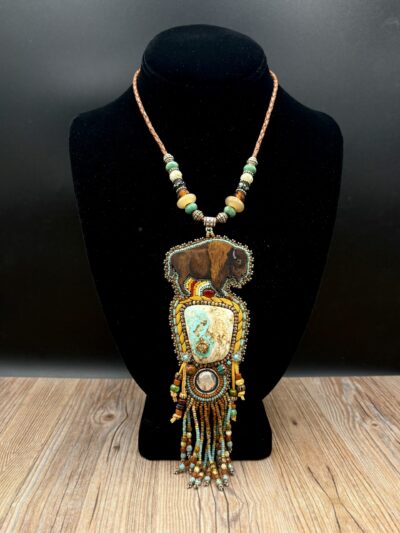 Hand Painted Wood Bison, Boulder Turquoise, Deerskin Leather Necklace N40 by Sue Horine
