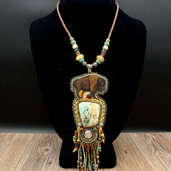 Hand Painted Wood Bison, Boulder Turquoise, Deerskin Leather Necklace N40 by Sue Horine