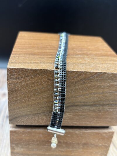 Black Seed Beads Iridescent & Smokey Swarovski Crystals by Nancy Leicht NAN326.7