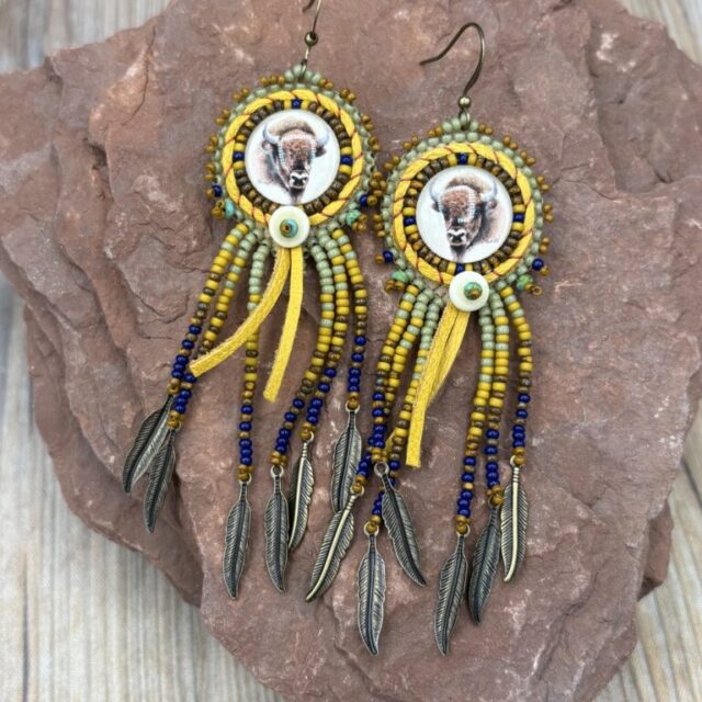 Bison Drawing Print with Deerskin Lacing Earrings by Sue Horine SHE69