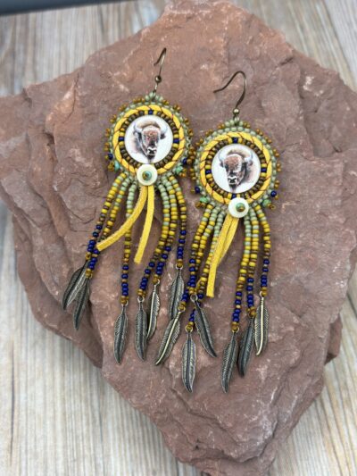 Bison Drawing Print with Deerskin Lacing Earrings by Sue Horine SHE69