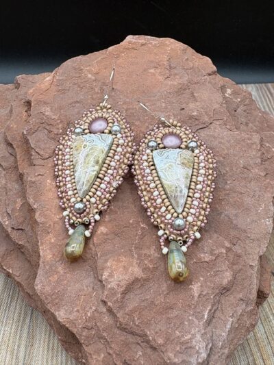 Crazy Lace Agate and Dusty Rose Glass Earrings by Sue Horine SHE62