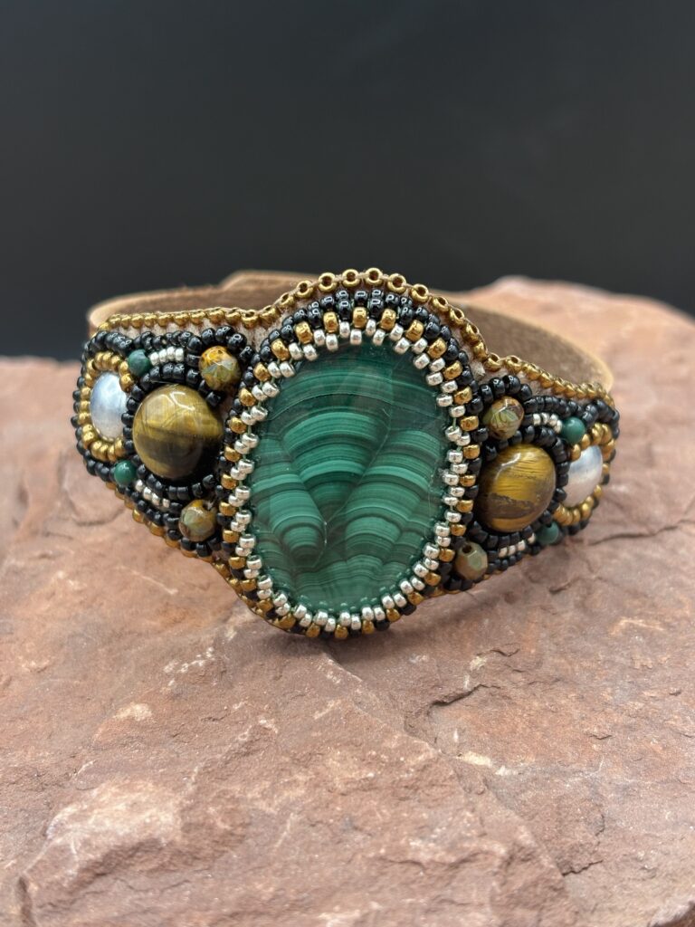 Malachite with Tigers Eye Leather Cuff by Sue Horine SHC36