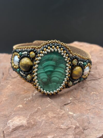 Malachite with Tigers Eye Leather Cuff by Sue Horine SHC36