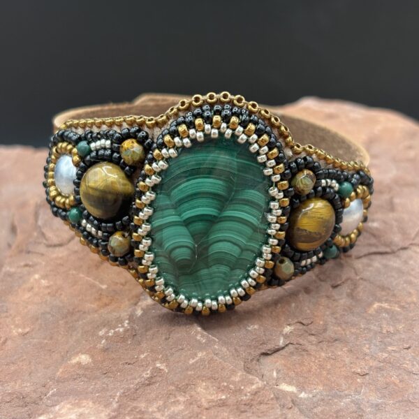 Malachite with Tigers Eye Leather Cuff by Sue Horine SHC36