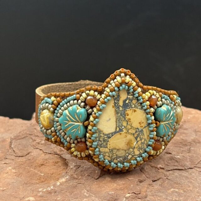Maligano Jasper with Glass Leaves Leather Cuff by Sue Horine SHC35