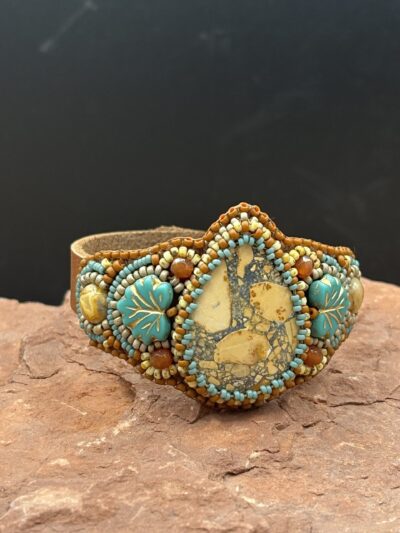 Maligano Jasper with Glass Leaves Leather Cuff by Sue Horine SHC35