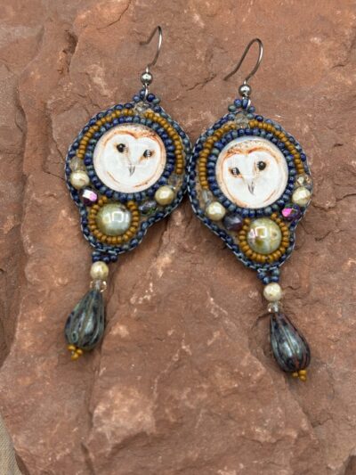 Owl Watercolor Print with Glass Dangle Earrings by Sue Horine SHE68