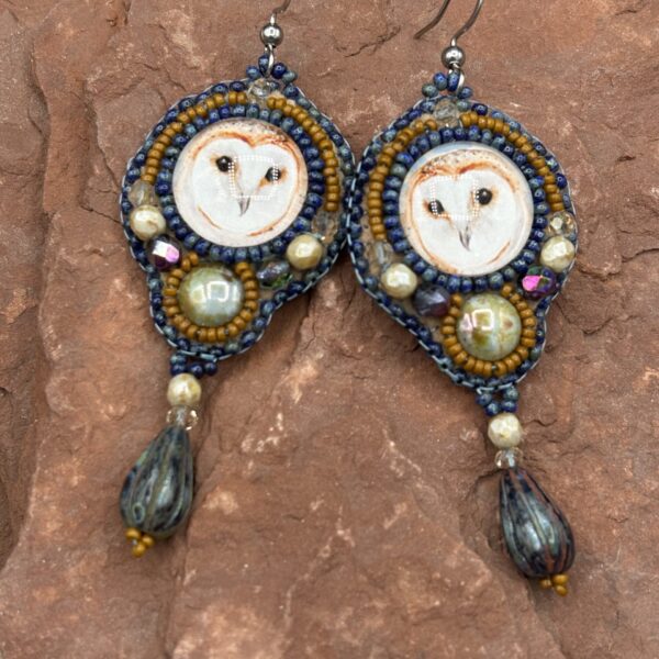 Owl Watercolor Print with Glass Dangle Earrings by Sue Horine SHE68