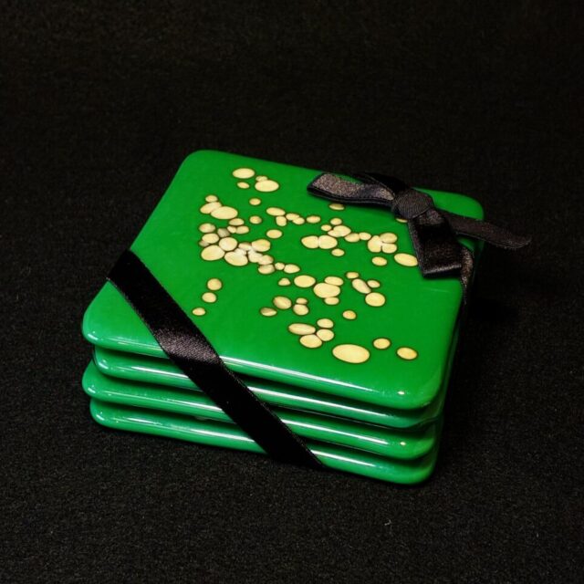 “Pebbles on Jade Green” Glass Coaster Set by Susan Moody