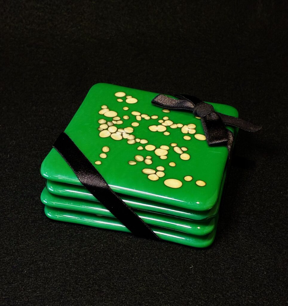 “Pebbles on Jade Green” Glass Coaster Set by Susan Moody
