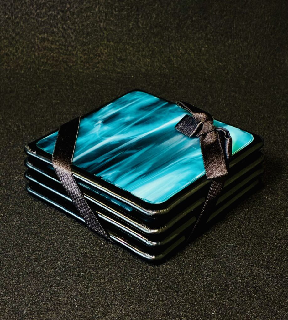 Peacock Blue Swirl Glass Coaster Set by Susan Moody