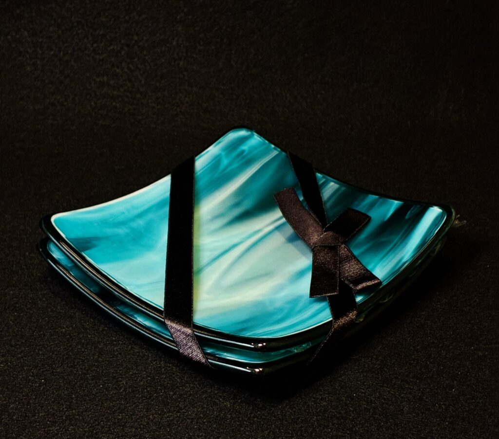 Peacock Blue Swirl Glass Tapas Set by Susan Moody
