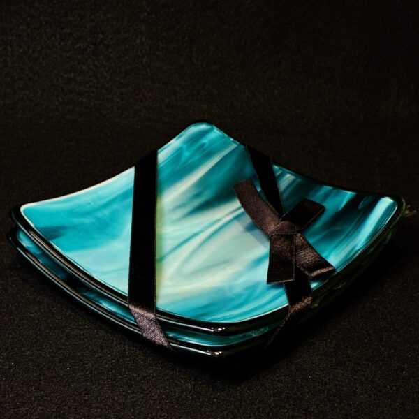 Peacock Blue Swirl Glass Tapas Set by Susan Moody