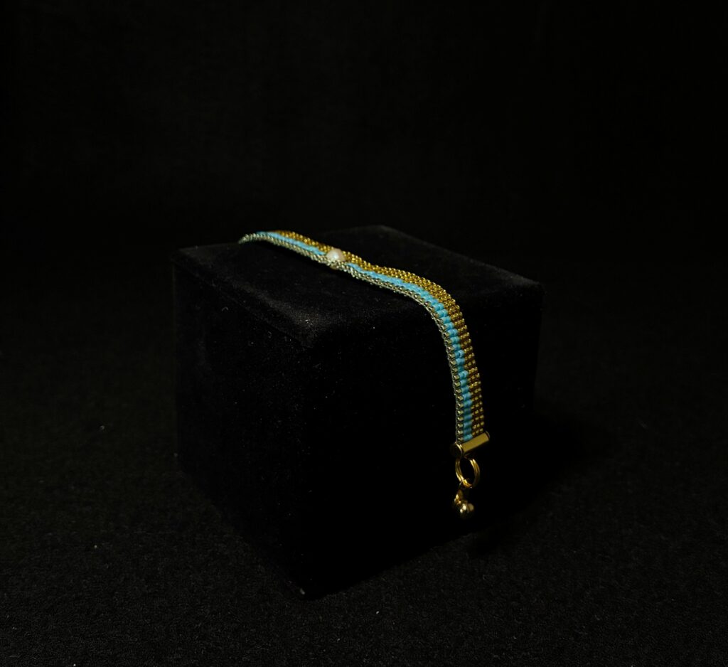 CLARITY, Gold & Blue Delica Miyuki’s, Pearl Focal by Nancy Leicht