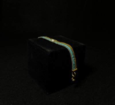 CLARITY, Gold & Blue Delica Miyuki's, Pearl Focal by Nancy Leicht