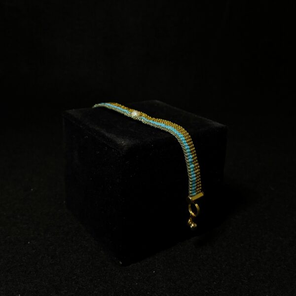 CLARITY, Gold & Blue Delica Miyuki’s, Pearl Focal by Nancy Leicht